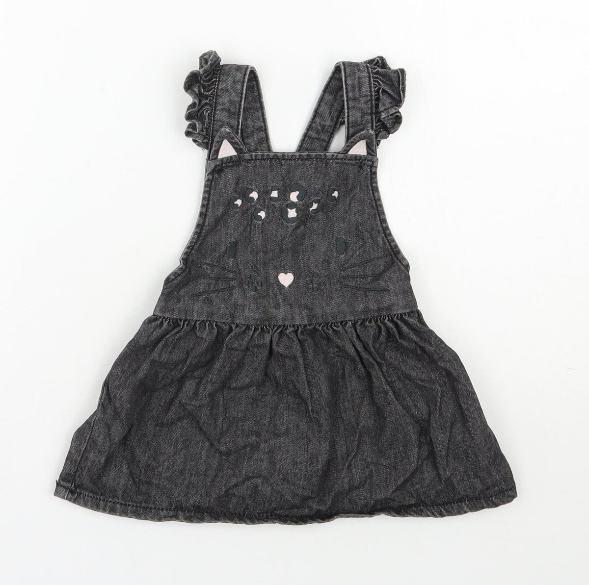 F&F Girls Black  100% Cotton Pinafore/Dungaree Dress  Size 9-12 Months  Square Neck Button