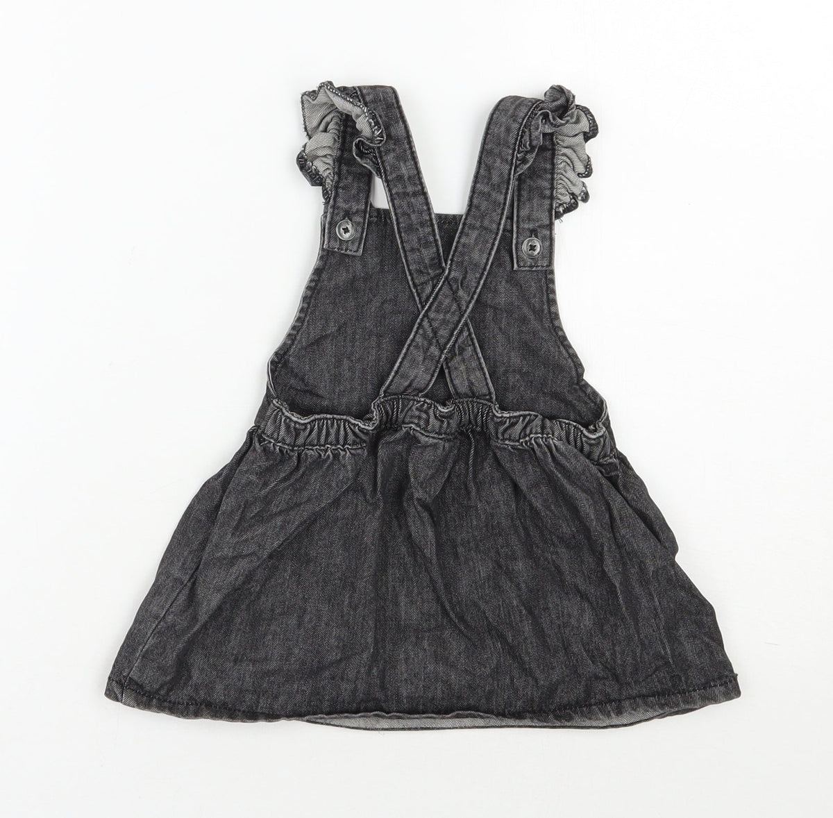 F&F Girls Black  100% Cotton Pinafore/Dungaree Dress  Size 9-12 Months  Square Neck Button