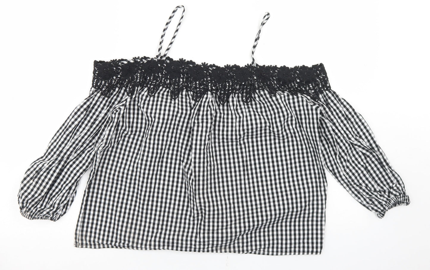 New Look Womens Black Check Cotton Cropped Blouse Size 8 Off the Shoulder - Lace Trim