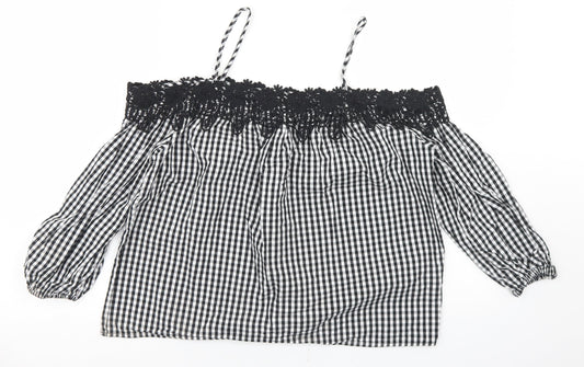 New Look Womens Black Check Cotton Cropped Blouse Size 8 Off the Shoulder - Lace Trim