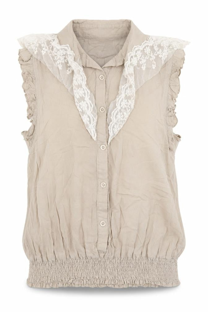 Apricot Womens Beige  Cotton Basic Blouse Size M Collared - Lace Trim