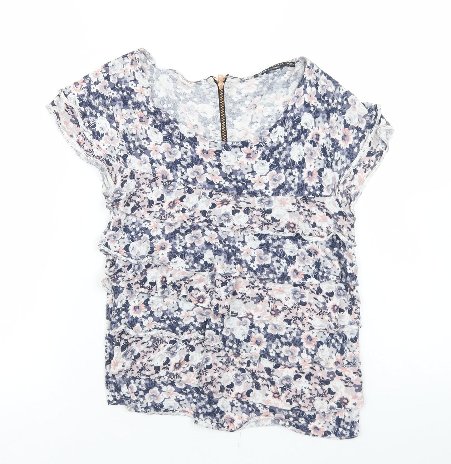 Marks and Spencer Womens Blue Floral Viscose Basic T-Shirt Size 8 Round Neck