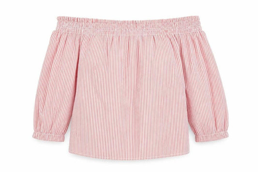 Atmosphere Womens Red Striped Cotton Cropped Blouse Size 10 Off the Shoulder