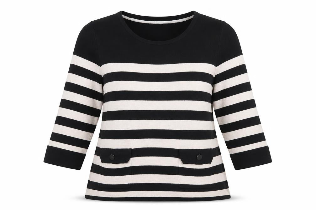 Marks & Spencer Womens Black Round Neck Striped Polyamide Pullover Jumper Size 14