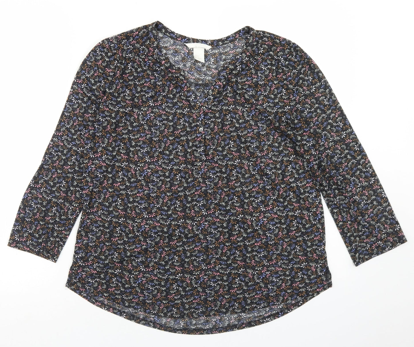 H&M Womens Black Floral Polyester Basic T-Shirt Size S Round Neck