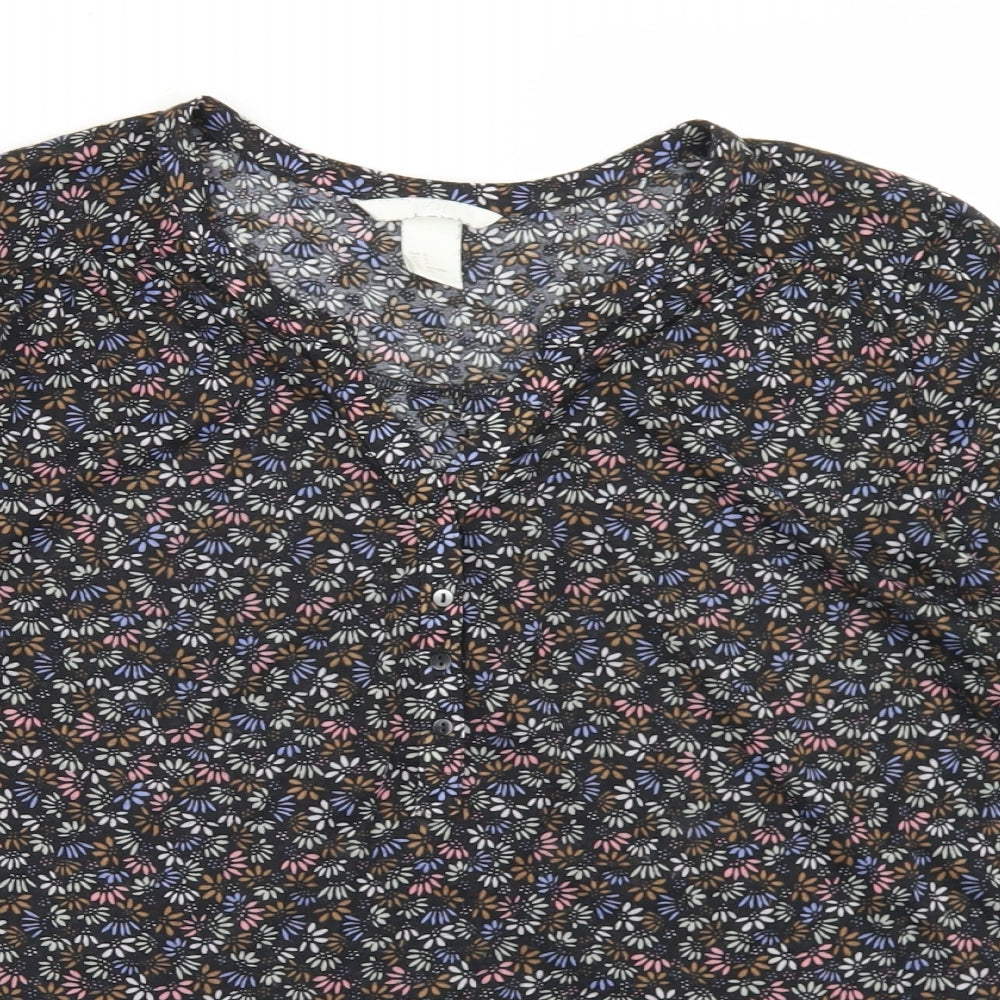 H&M Womens Black Floral Polyester Basic T-Shirt Size S Round Neck