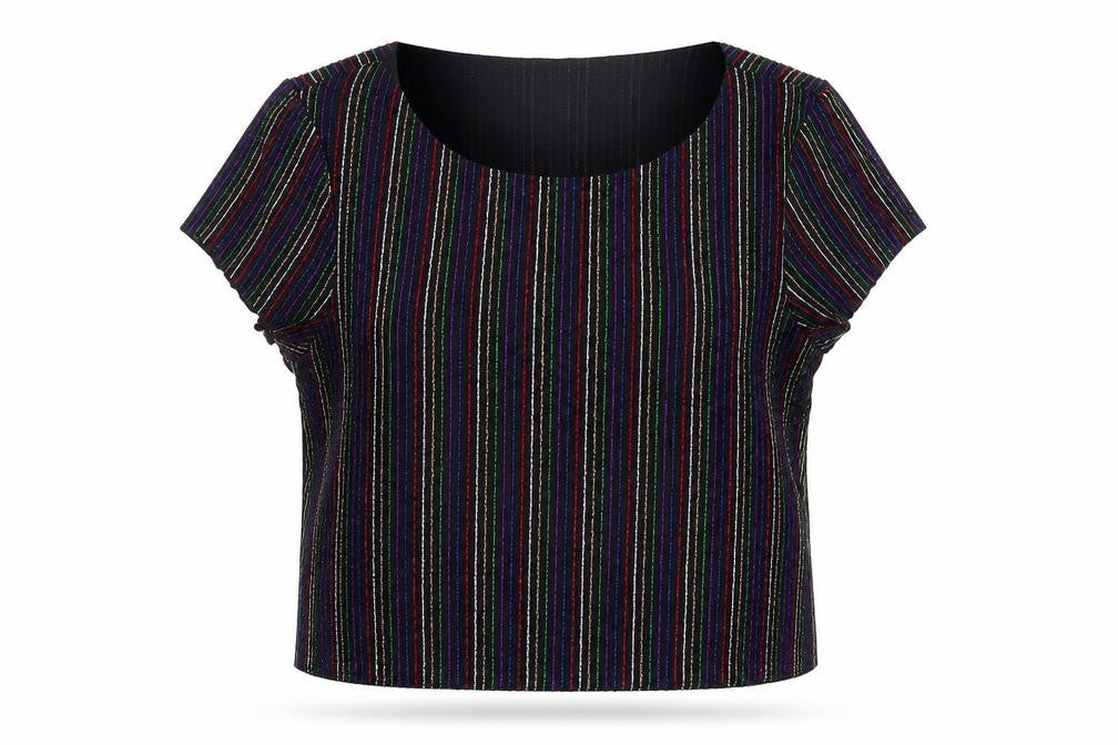 Primark Womens Multicoloured Striped Nylon Cropped Blouse Size S Round Neck