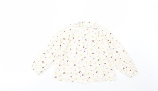 Leigh Tucker Girls Ivory Floral Cotton Basic Button-Up Size 5-6 Years Crew Neck Button