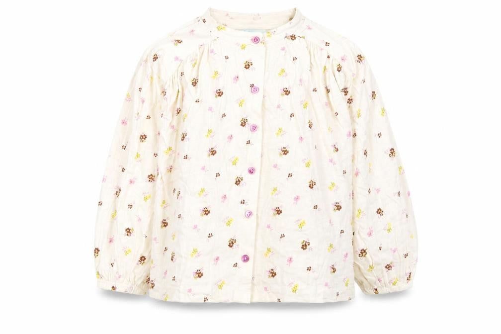 Leigh Tucker Girls Ivory Floral Cotton Basic Button-Up Size 5-6 Years Crew Neck Button
