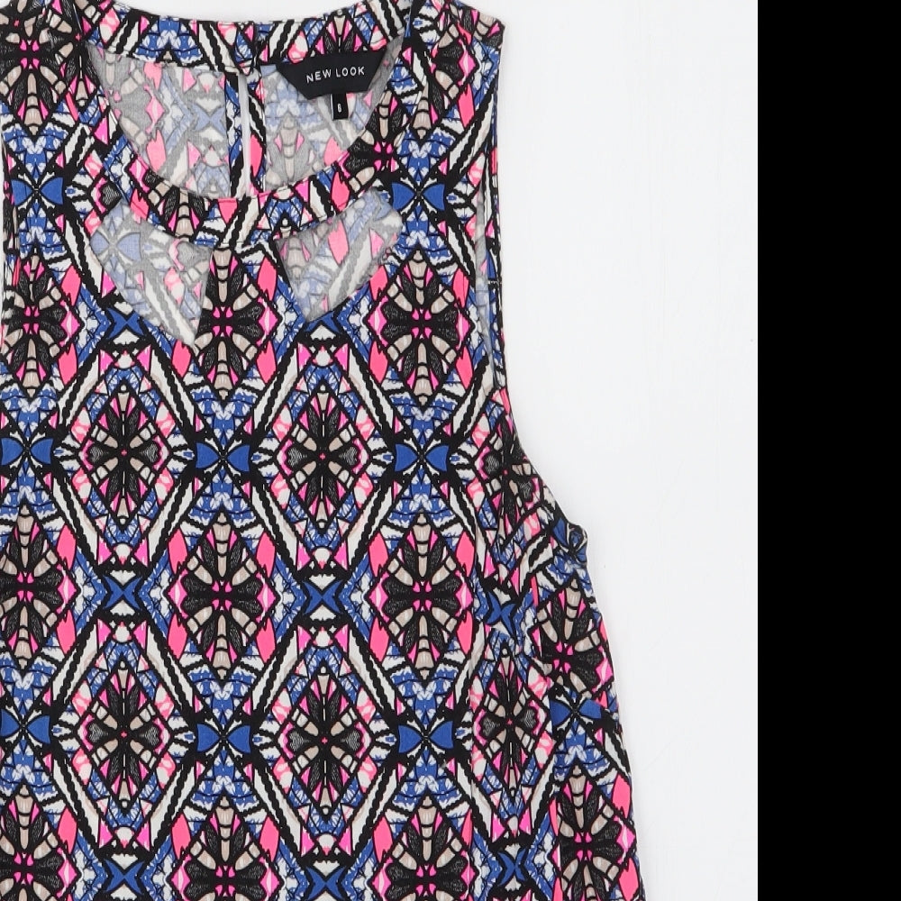 New Look Womens Multicoloured Geometric Viscose Basic Blouse Size 8 Round Neck