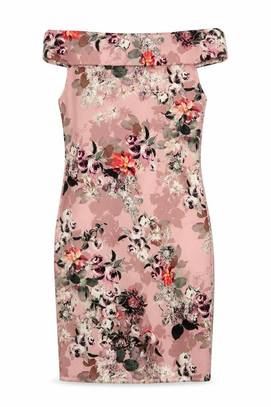 Boohoo Womens Pink Floral Polyester Pencil Dress  Size M  Off the Shoulder Pullover
