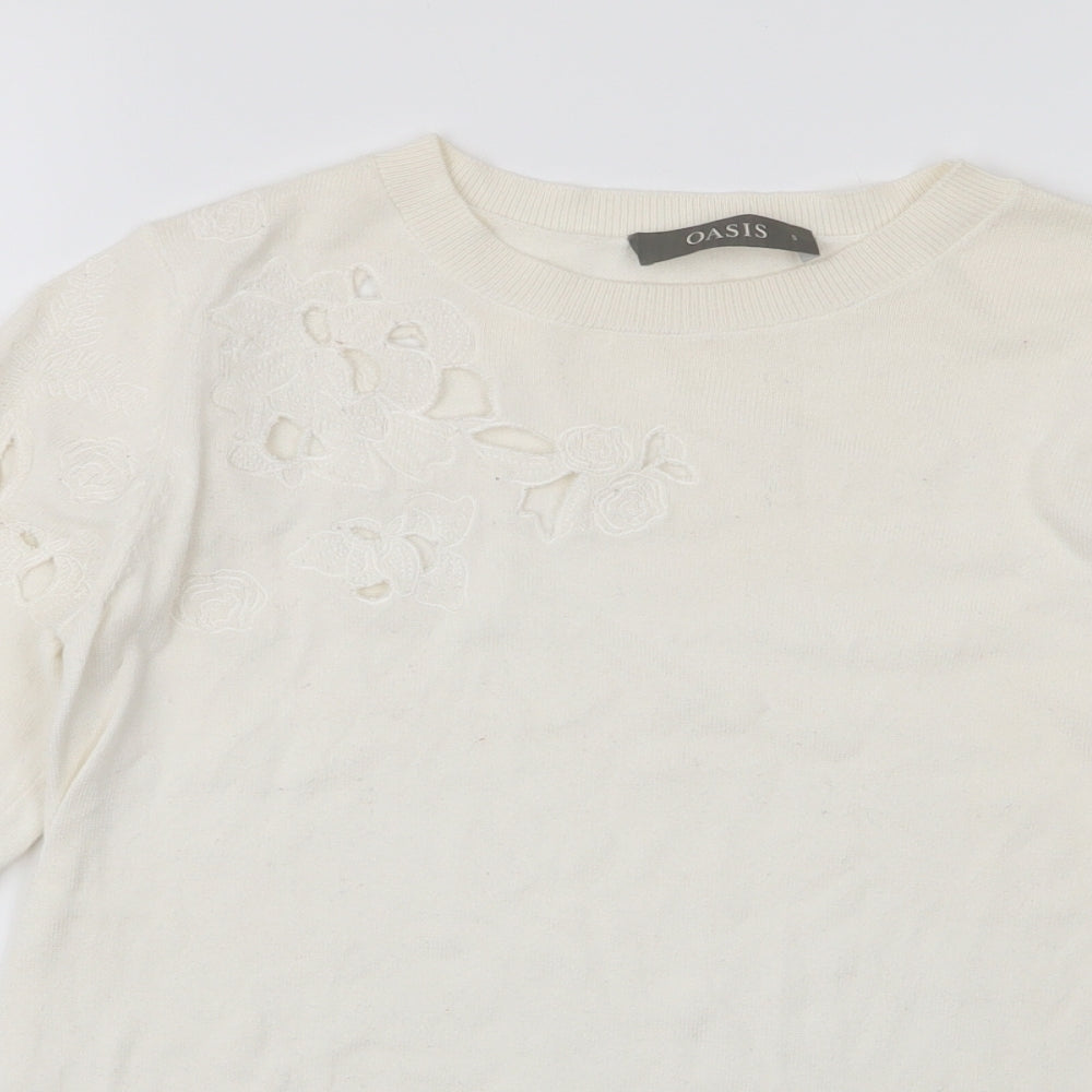 Oasis Womens Ivory Round Neck  Cotton Pullover Jumper Size S