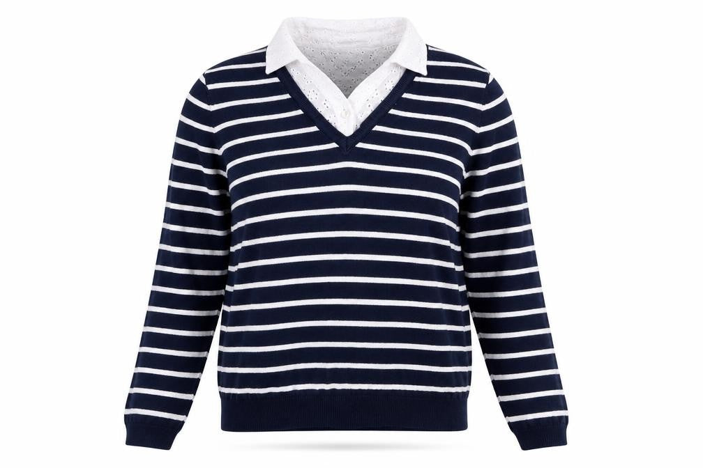 Bonmarché Womens Blue Collared Striped Cotton Pullover Jumper Size 8