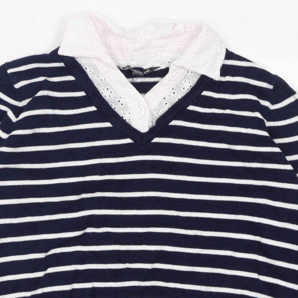 bonmarch Womens Blue Collared Striped Cotton Pullover Jumper Size 8