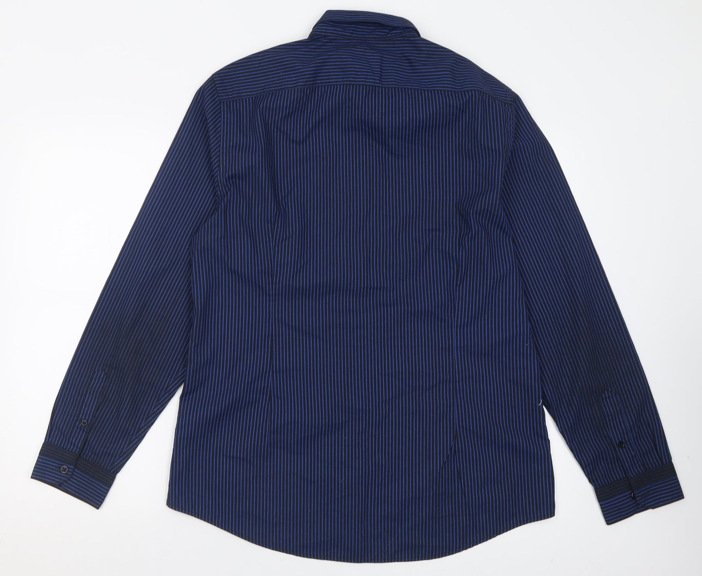 River Island Mens Blue Striped Polyester  Button-Up Size L Collared Button