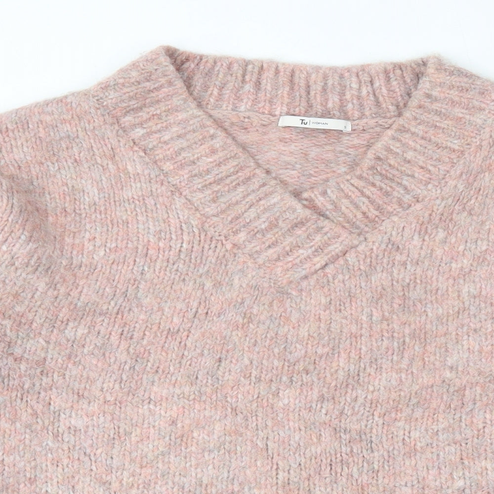 TU Womens Pink V-Neck  Acrylic Pullover Jumper Size S