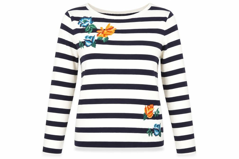Bonmarché Womens Multicoloured Round Neck Striped Acrylic Pullover Jumper Size S - Embroidered flowers