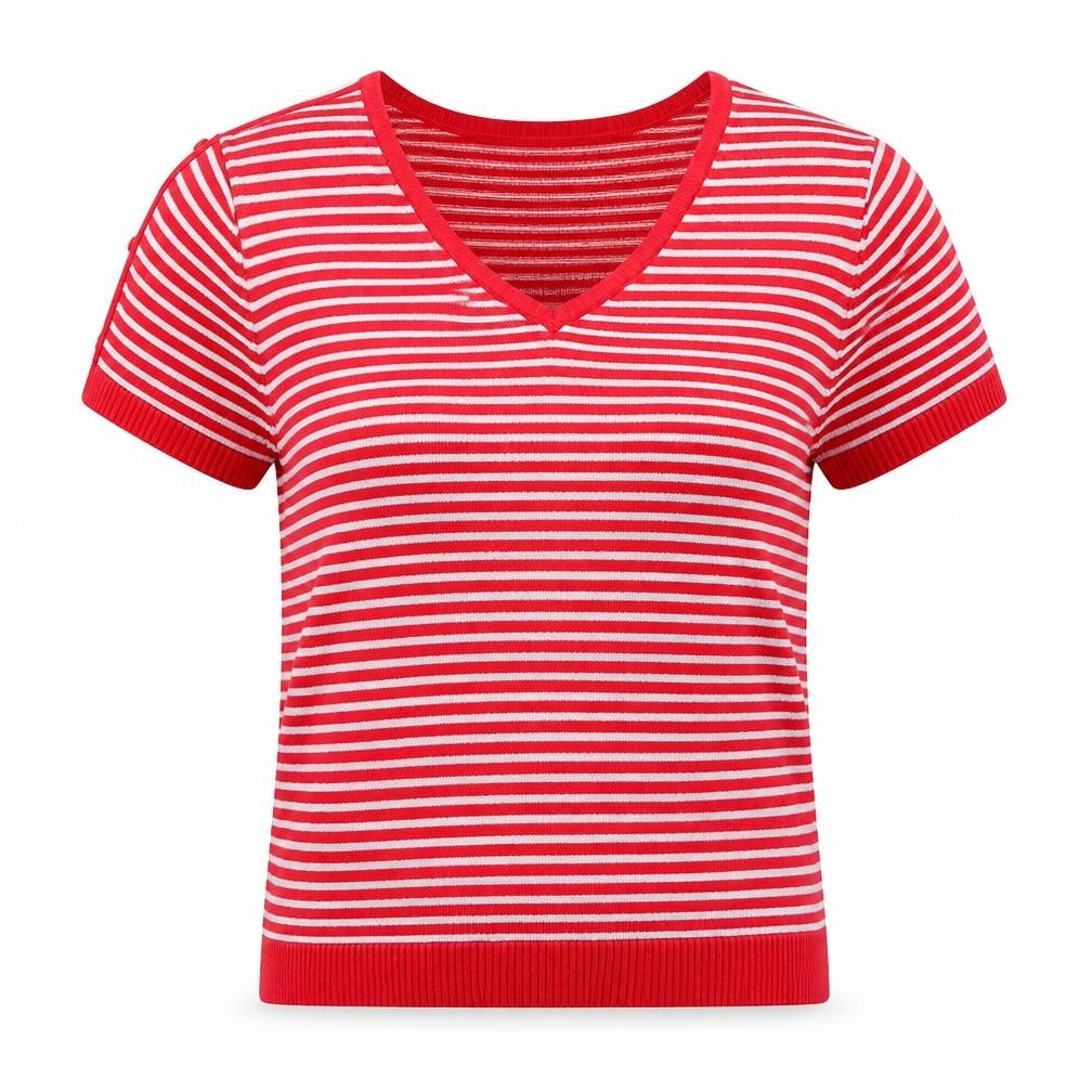 LiQiMaNa Womens Red V-Neck Striped Acrylic Pullover Jumper Size M