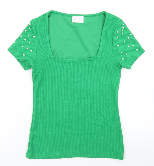 Savida Womens Green  Polyester Basic T-Shirt Size XS Square Neck