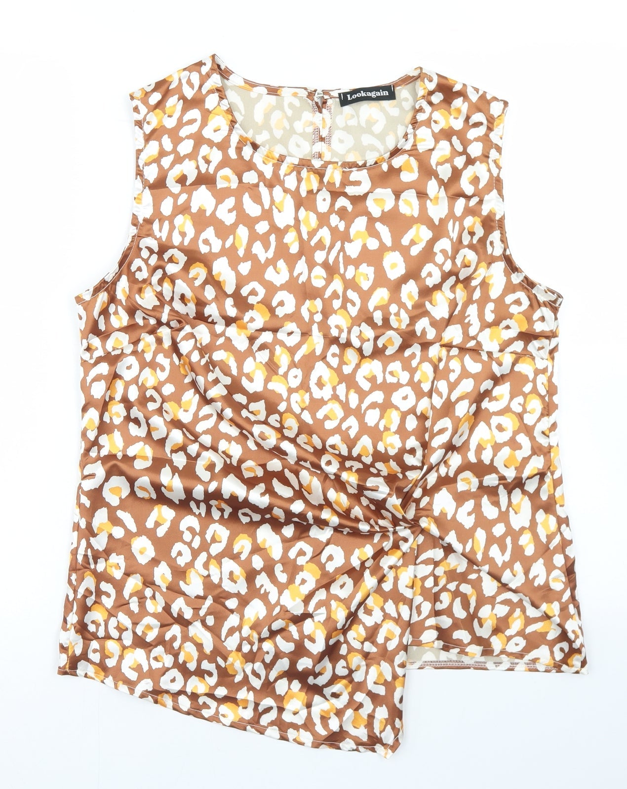 Lookagain Womens Brown Animal Print Polyester Basic Blouse Size 14 Round Neck