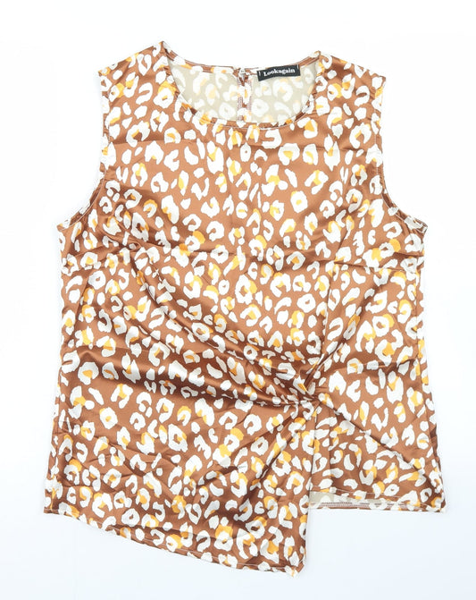 Lookagain Womens Brown Animal Print Polyester Basic Blouse Size 14 Round Neck
