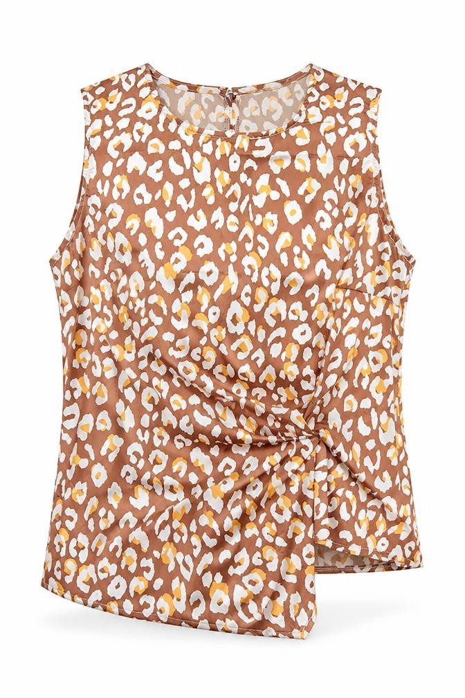 Lookagain Womens Brown Animal Print Polyester Basic Blouse Size 14 Round Neck
