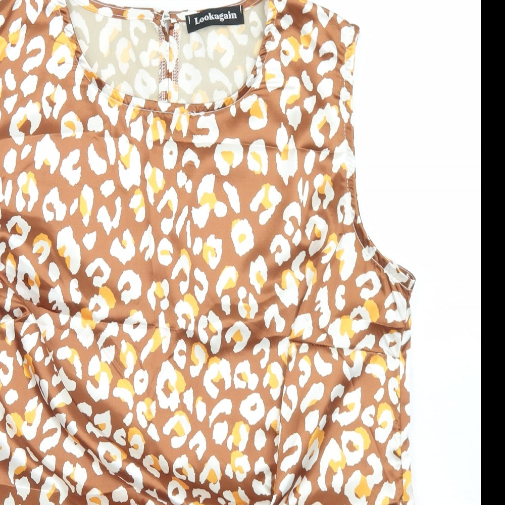Lookagain Womens Brown Animal Print Polyester Basic Blouse Size 14 Round Neck