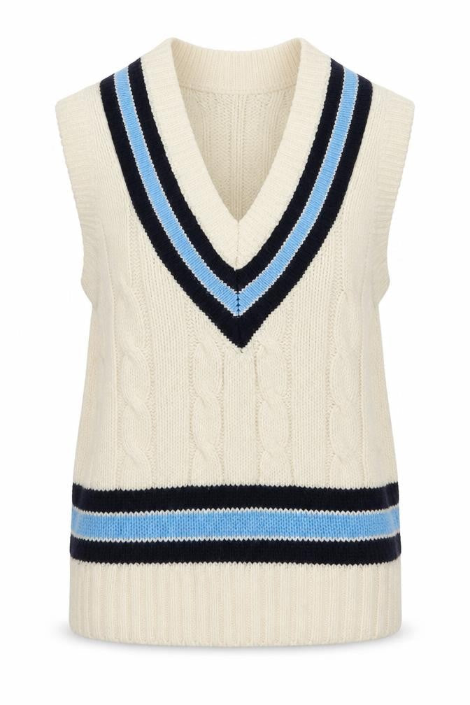 GM Womens White V-Neck Striped Acrylic Pullover Jumper Size S
