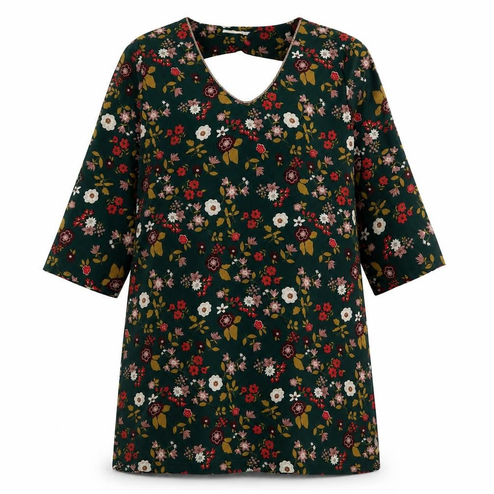 Lili & Lola Womens Green Floral Polyester A-Line  Size L  V-Neck Pullover