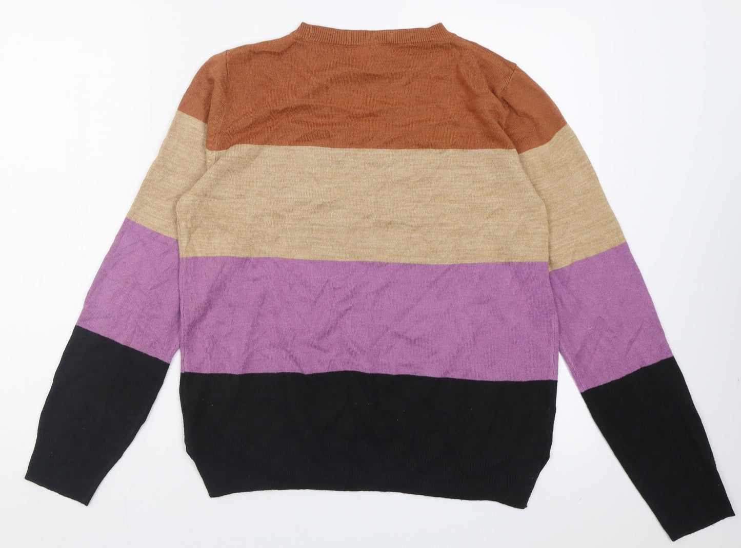 Marks and Spencer Womens Brown Crew Neck Striped Acrylic Pullover Jumper Size 10