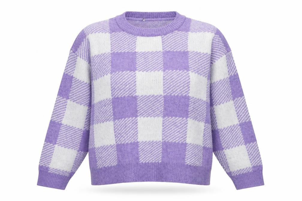 Primark Womens Purple Round Neck Check Acrylic Pullover Jumper Size 12