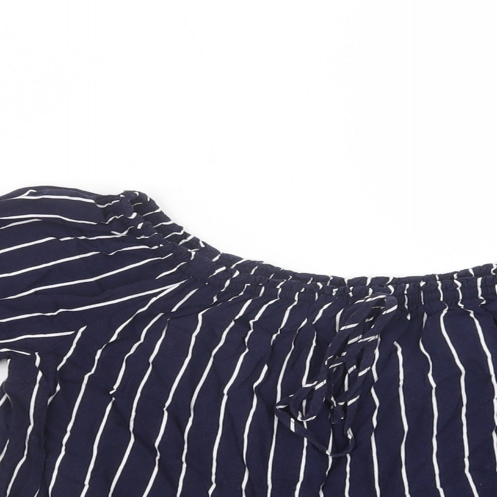 New Look Womens Blue Striped Viscose Basic Blouse Size 8 Off the Shoulder