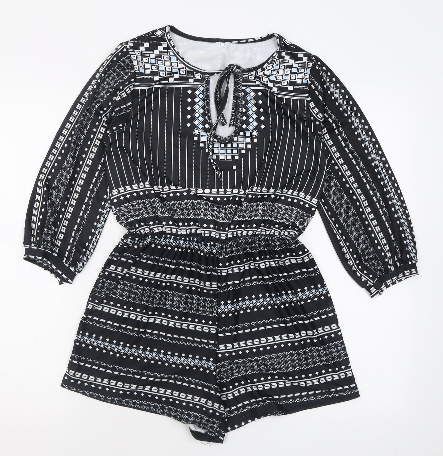 Preworn Womens Black Geometric Polyester Playsuit One-Piece Size L  Tie