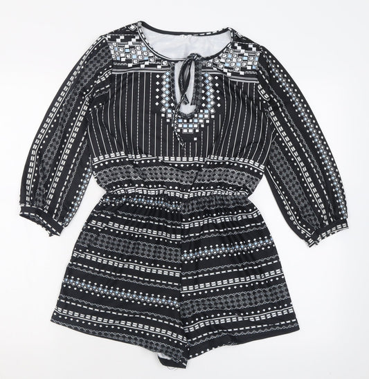 Preworn Womens Black Geometric Polyester Playsuit One-Piece Size L  Tie