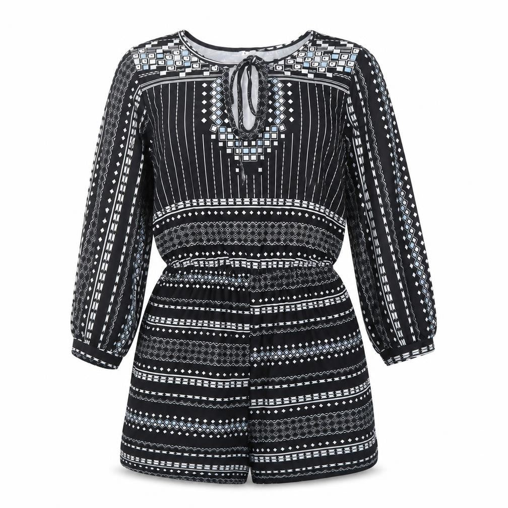 Preworn Womens Black Geometric Polyester Playsuit One-Piece Size L  Tie