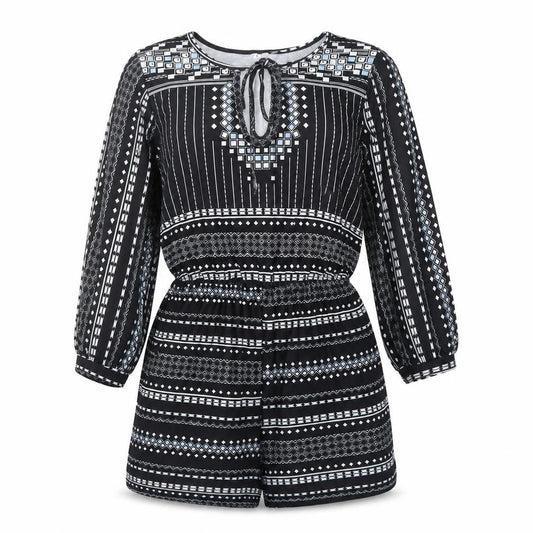 Womens Black Geometric Polyester Playsuit One-Piece Size L  Tie