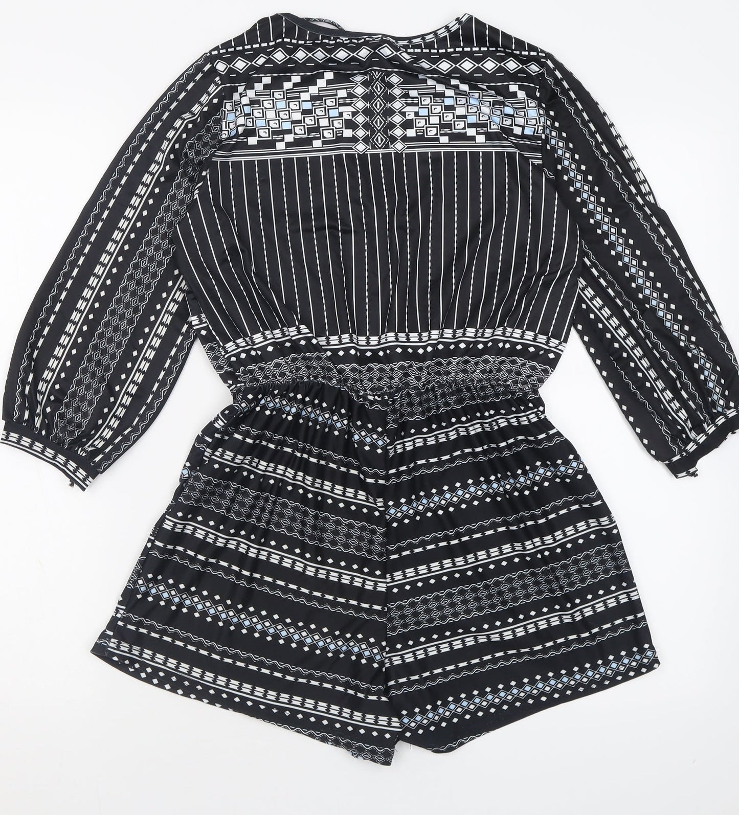 Preworn Womens Black Geometric Polyester Playsuit One-Piece Size L  Tie