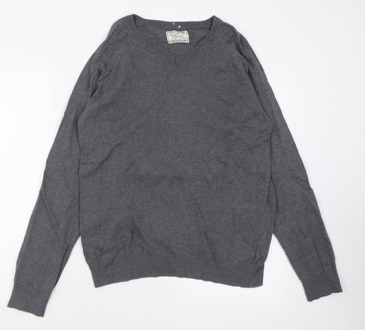 New Look Mens Grey V-Neck  Cotton Pullover Jumper Size L
