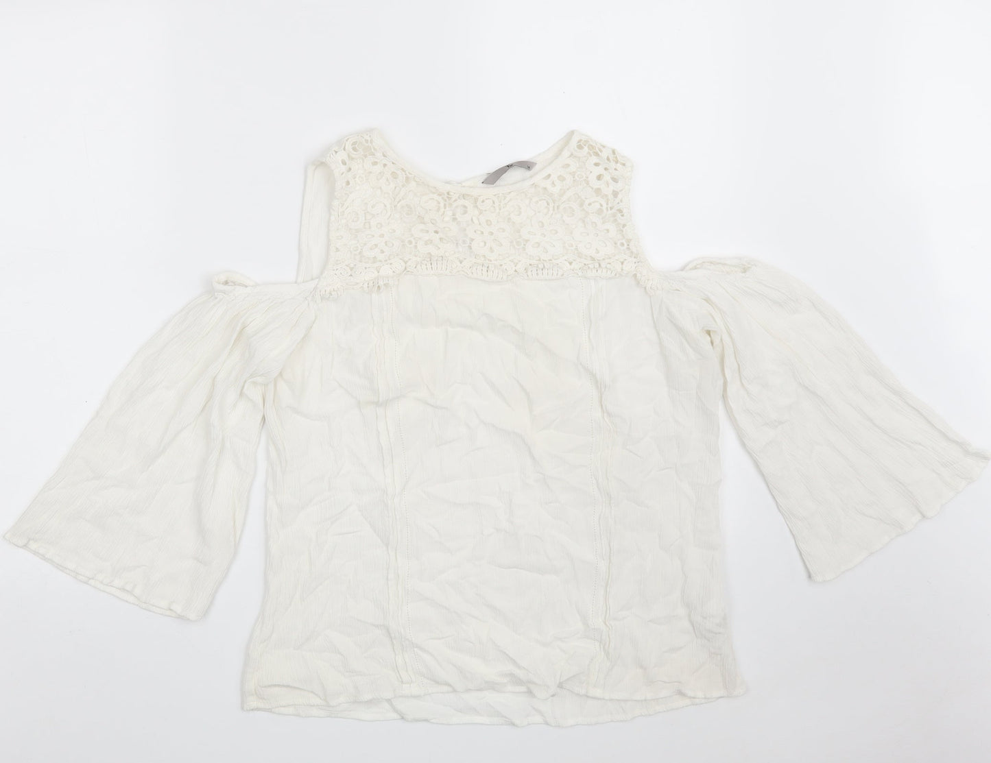 TU Womens White Floral Viscose Basic Blouse Size 14 Round Neck