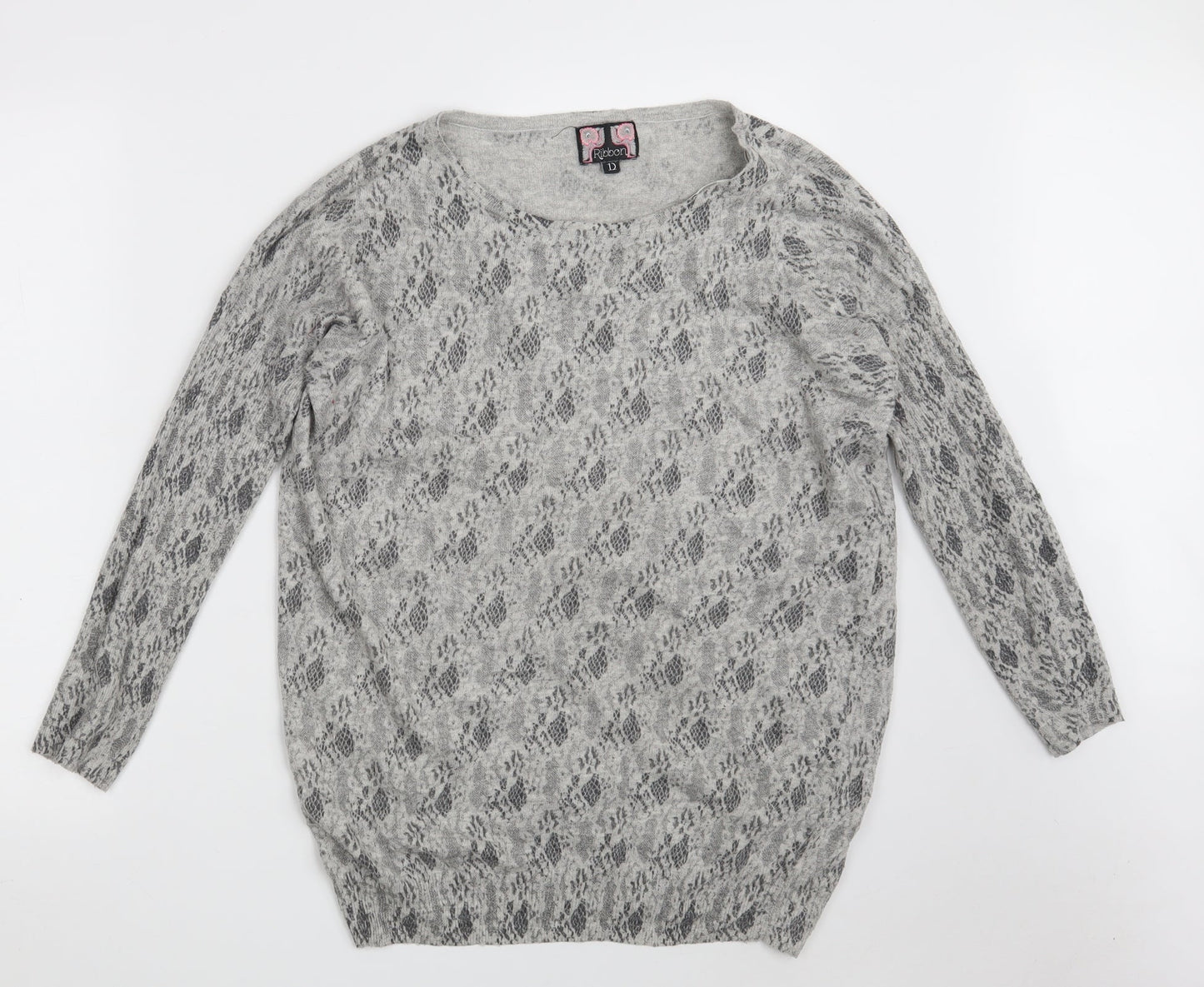Ribbon Womens Grey Round Neck Animal Print Polyester Pullover Jumper Size 12
