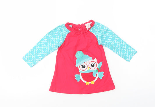 Ollie's Place Baby Pink Geometric Cotton Pullover T-Shirt Size 6-9 Months Crew Neck Button - Cute Owl