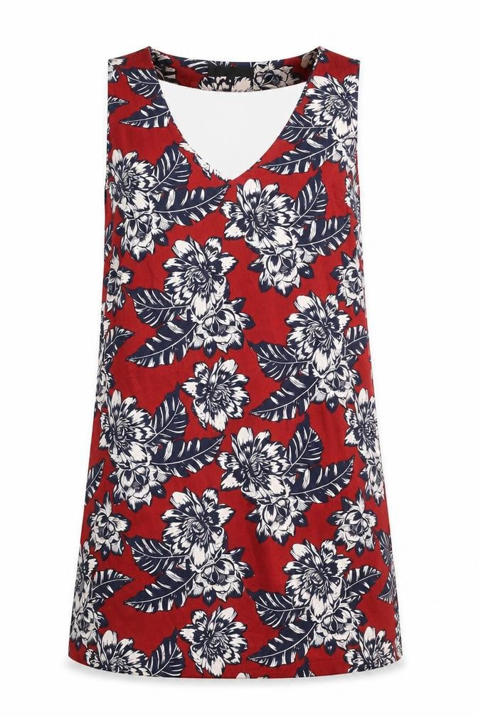 New Look Womens Red Floral Polyester Shift  Size 8  V-Neck Pullover