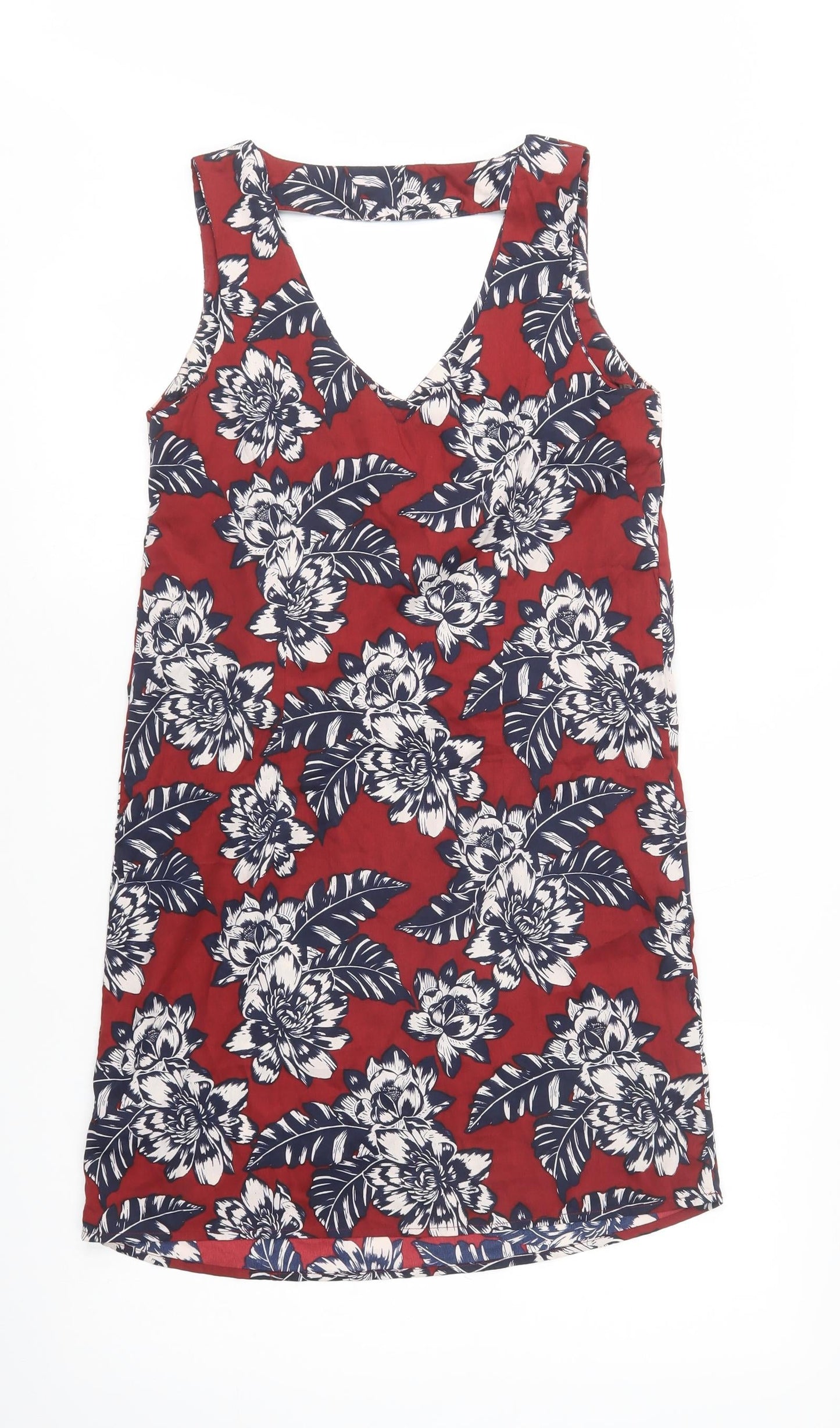 New Look Womens Red Floral Polyester Shift  Size 8  V-Neck Pullover