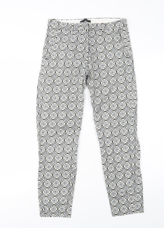 H&M Womens Blue Geometric Cotton Trousers  Size 6 L26 in Regular Button