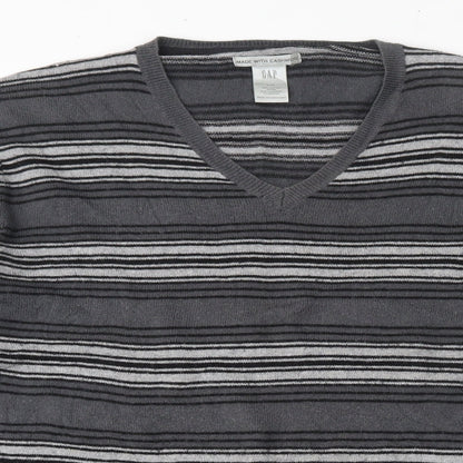 Gap Mens Grey V-Neck Striped Cotton Pullover Jumper Size L