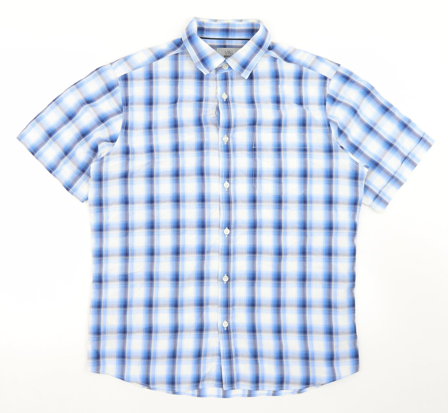 Marks and Spencer Mens Blue Plaid Modal  Button-Up Size M Collared Button
