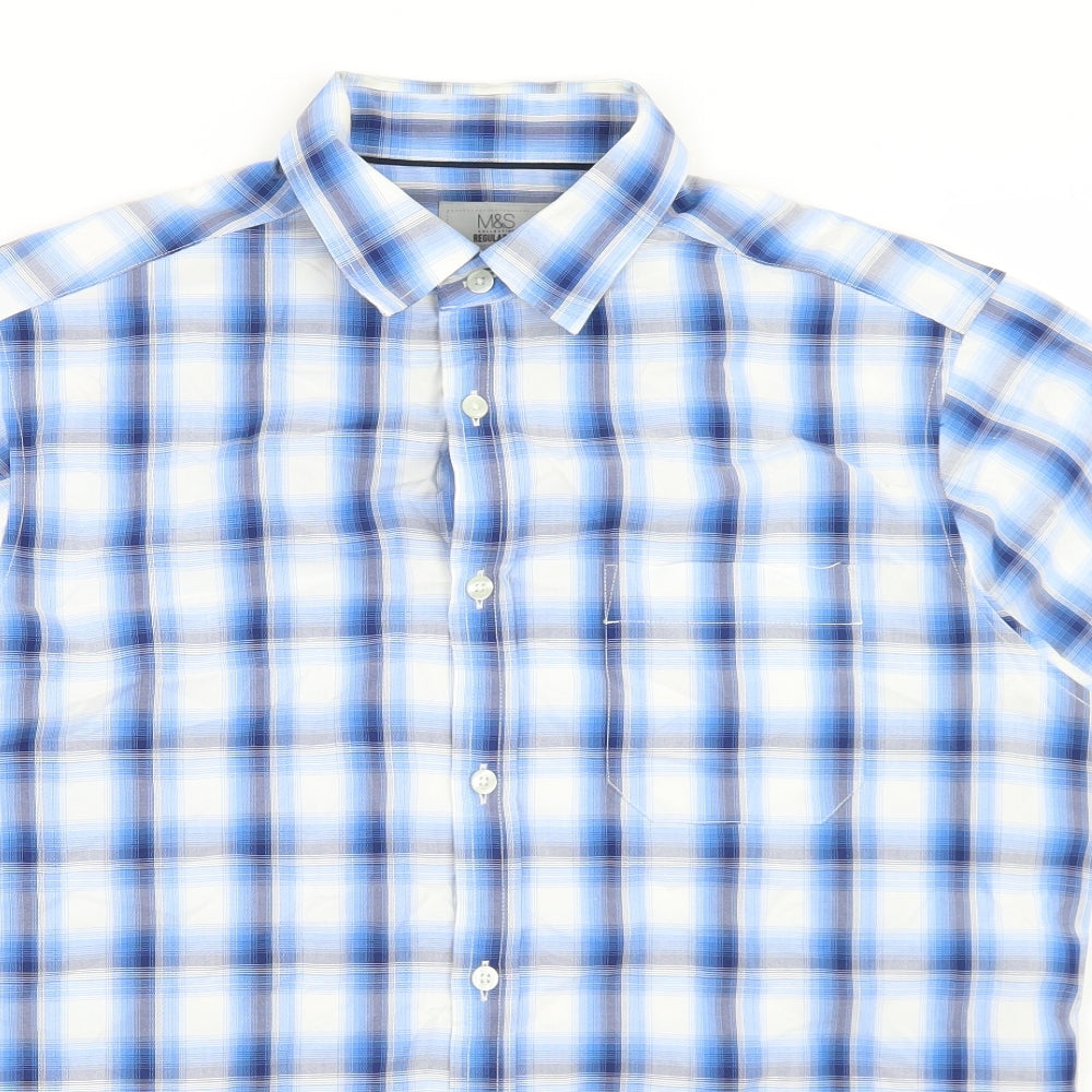 Marks and Spencer Mens Blue Plaid Modal  Button-Up Size M Collared Button