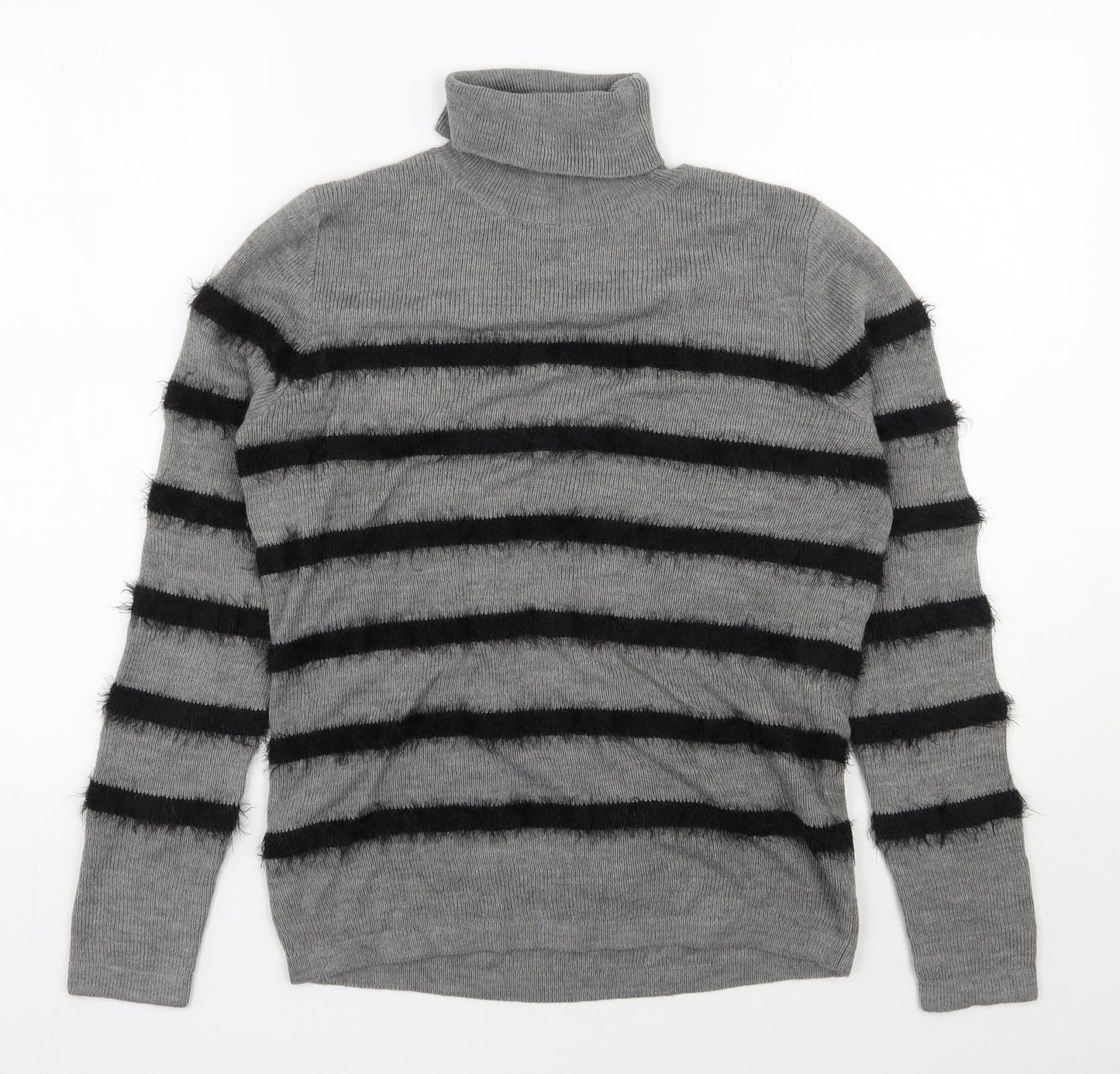 Therapy Womens Grey Roll Neck Striped Acrylic Pullover Jumper Size M