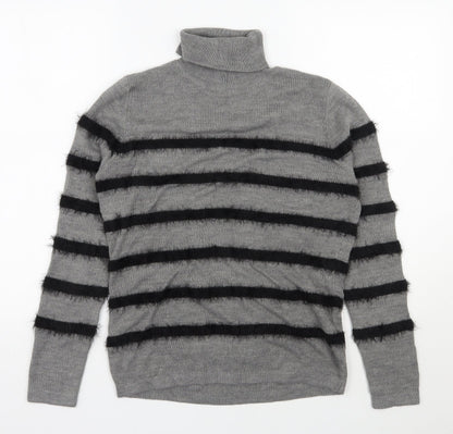 Therapy Womens Grey Roll Neck Striped Acrylic Pullover Jumper Size M
