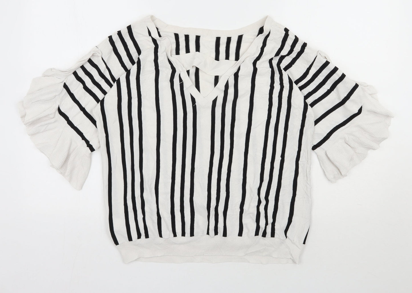 NEXT Womens White Round Neck Striped Viscose Pullover Jumper Size 16